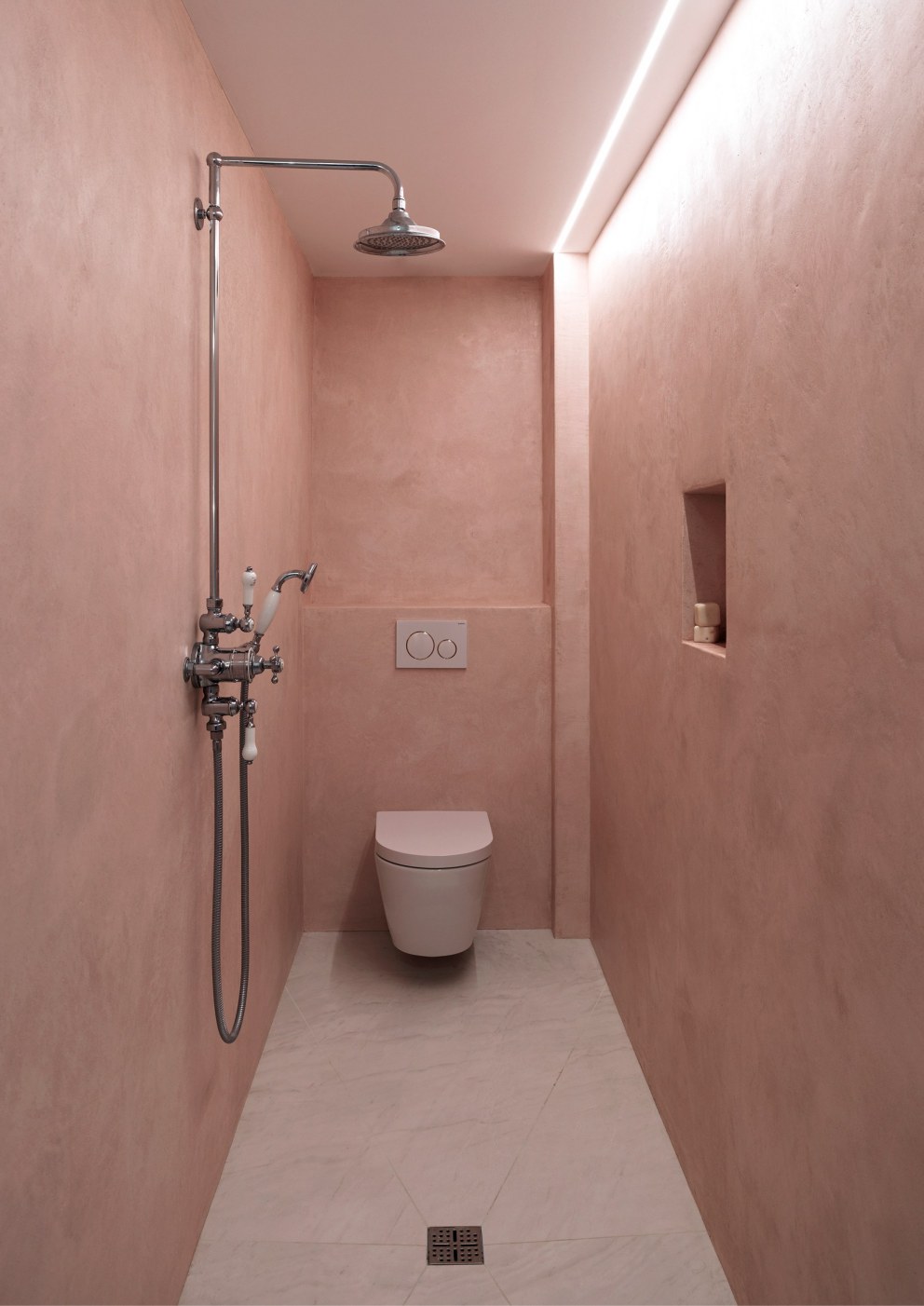The Big Small House | A pink polished plaster shower room | Interior Designers